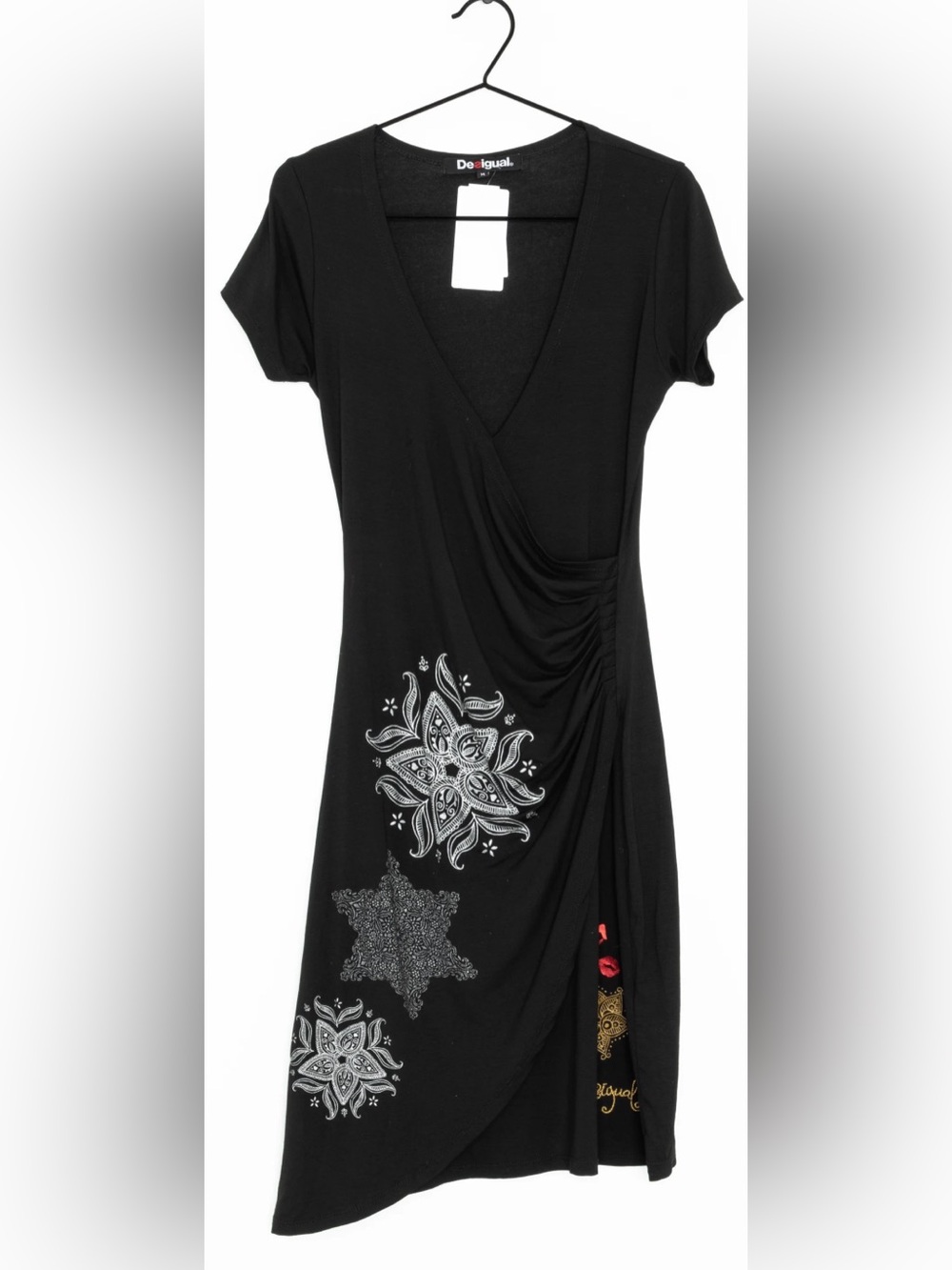 DESIGUAL BLACK RUCHED MIDI DRESS BLACK SHORT SLEEVE LARGE